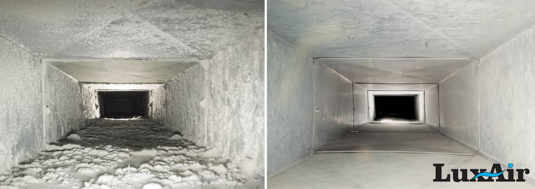 Real LuxAir before-and-after: a dust-caked Cache Valley air duct cleaned to bare metal
